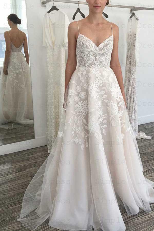 NumberSea Vestidos de noiva simples com alças finas e decote em coração, cor marfim, com renda e aplicações, MW415