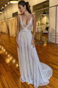 Splendidi Abiti da Sposa con Scollo a V, Spalline Sottili e Paillettes con Strascico, Abiti da Sposa Boho per Spiaggia, MW418