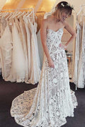 Abiti da Sposa Lunghi Eleganti a Sirena con Scollo a Cuore e Pizzo, Abiti da Sposa Boho per Spiaggia, MW419