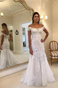 NumberSea Robe de mariée sirène longue en dentelle asymétrique en ligne, Robes de mariée pas chères, MW424