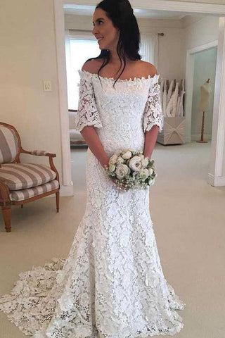 NumberSea Off Shoulder Lace Short Sleeves Günstige Brautkleider Online, Günstige Brautkleider, MW425