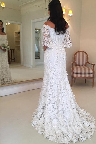 NumberSea Off Shoulder Lace Short Sleeves Günstige Brautkleider Online, Günstige Brautkleider, MW425
