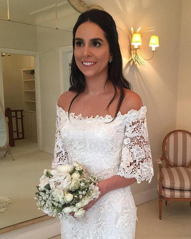NumberSea Off Shoulder Lace Short Sleeves Günstige Brautkleider Online, Günstige Brautkleider, MW425