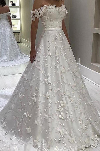 NumberSea Off Shoulder A-Linie Spitze Lange Brautkleider Online, Günstige Brautkleider, MW426