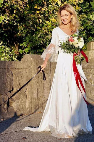 Vestido de noiva estilo boho, decote em V, mangas 3/4, corte A, com renda, NumberSea, MW432