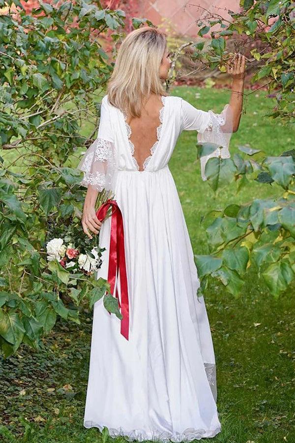 NumberSea Satin A-line V-neck V Back 3/4 Sleeves Boho Wedding Dress with Lace,MW432