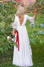 NumberSea Satin A-line V-neck V Back 3/4 Sleeves Boho Wedding Dress with Lace,MW432