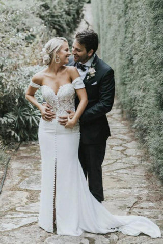 Vestido de noiva NumberSea com decote em coração e racha, estilo sereia, ombros descobertos, em chiffon, MW436
