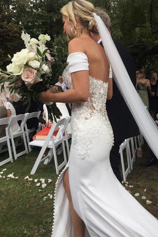 Vestido de noiva NumberSea com decote em coração e racha, estilo sereia, ombros descobertos, em chiffon, MW436