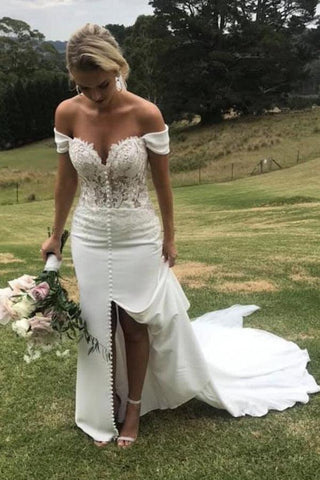 Vestido de noiva NumberSea com decote em coração e racha, estilo sereia, ombros descobertos, em chiffon, MW436