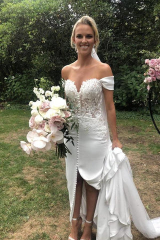 Vestido de noiva NumberSea com decote em coração e racha, estilo sereia, ombros descobertos, em chiffon, MW436