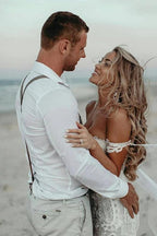 Vestido de novia para la playa con cola de corte, aplicaciones de encaje y funda de corazón de NumberSea, MW438