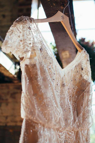 Vestidos de noiva brilhantes NumberSea, romântico, corte A, decote em V, missangas, chiffon, MW442