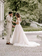 NumberSea Wonderful Appliqued A-line Wedding Dresses With Cap Sleeves Tulle Gowns,MW443