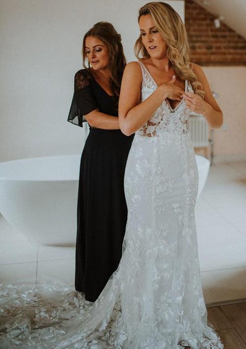 Vestido de Novia Mermaid Sin Mangas con Cuello en V de Encanto Ilusorio Largo hasta el Suelo, Modelo MW444