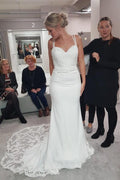 Robe de mariée NumberSea à bretelles spaghetti simples, décolleté cœur, style sirène en dentelle avec traîne de cour, modèle MW445