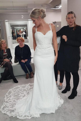 NumberSea Schlichtes Brautkleid mit Spaghettiträgern, Meerjungfrau-Ausschnitt, Spitze, Hofschleppe, MW445
