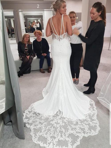 NumberSea Schlichtes Brautkleid mit Spaghettiträgern, Meerjungfrau-Ausschnitt, Spitze, Hofschleppe, MW445