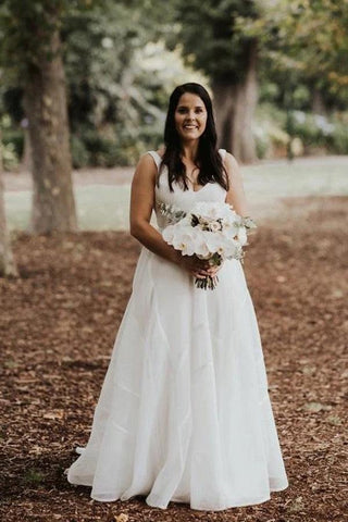 Vestido de noiva simples em chiffon, corte A, decote em V, cauda longa, sem mangas, NumberSea, MW446