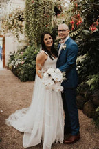 NumberSea Simple Chiffon A-line V-neck Sweep Train Sleeveless Wedding Dress,MW446