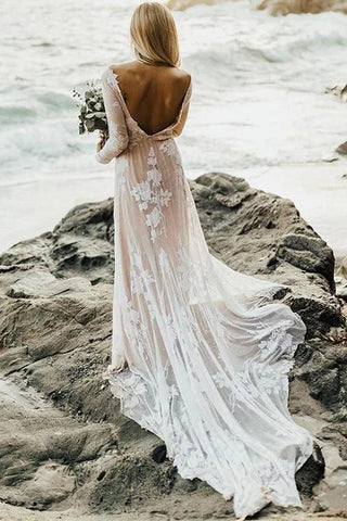 NumberSea Wunderschönes rückenfreies A-Linien-Brautkleid mit langen Ärmeln im Boho-Stil, MW448