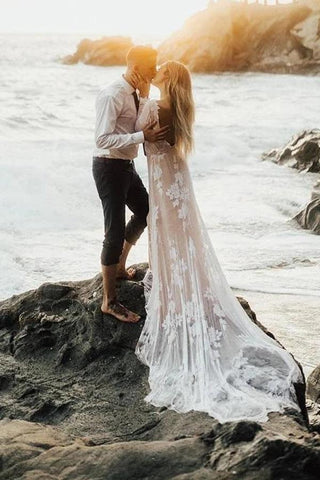 NumberSea Wunderschönes rückenfreies A-Linien-Brautkleid mit langen Ärmeln im Boho-Stil, MW448