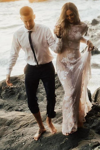 NumberSea Wunderschönes rückenfreies A-Linien-Brautkleid mit langen Ärmeln im Boho-Stil, MW448