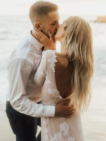 NumberSea Wunderschönes rückenfreies A-Linien-Brautkleid mit langen Ärmeln im Boho-Stil, MW448
