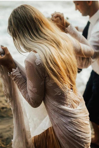 NumberSea Wunderschönes rückenfreies A-Linien-Brautkleid mit langen Ärmeln im Boho-Stil, MW448