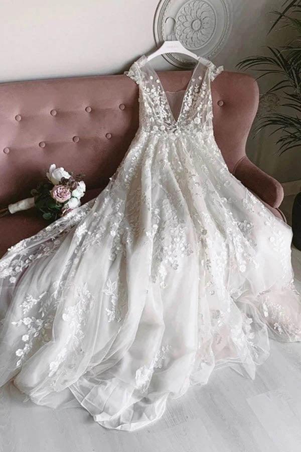 NumberSea Vestidos de noiva compridos com renda e flores, decote em V, sem mangas e costas abertas, em tule branco, MW462