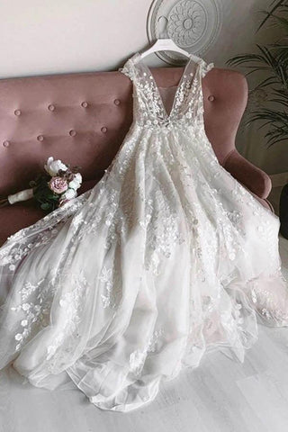 NumberSea Weißes Tüll-Brautkleid mit V-Ausschnitt, ärmellos, offener Rücken, lange Spitze und Blumenmuster, MW462
