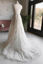 NumberSea Vestidos de noiva compridos com renda e flores, decote em V, sem mangas e costas abertas, em tule branco, MW462