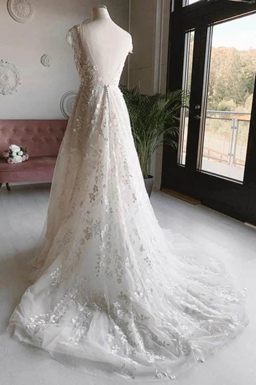NumberSea Vestidos de noiva compridos com renda e flores, decote em V, sem mangas e costas abertas, em tule branco, MW462