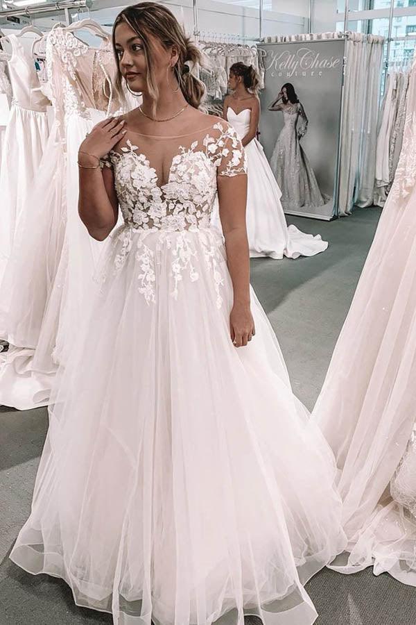 Vestito da sposa NumberSea con scollo a V, gonna a palloncino, maniche corte, schiena scoperta e applicazioni, modello MW464