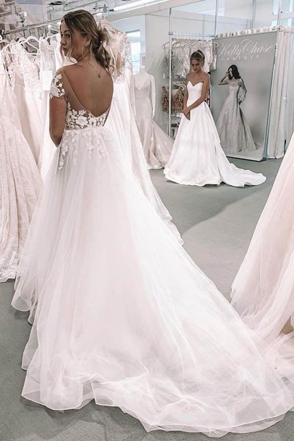 Vestito da sposa NumberSea con scollo a V, gonna a palloncino, maniche corte, schiena scoperta e applicazioni, modello MW464
