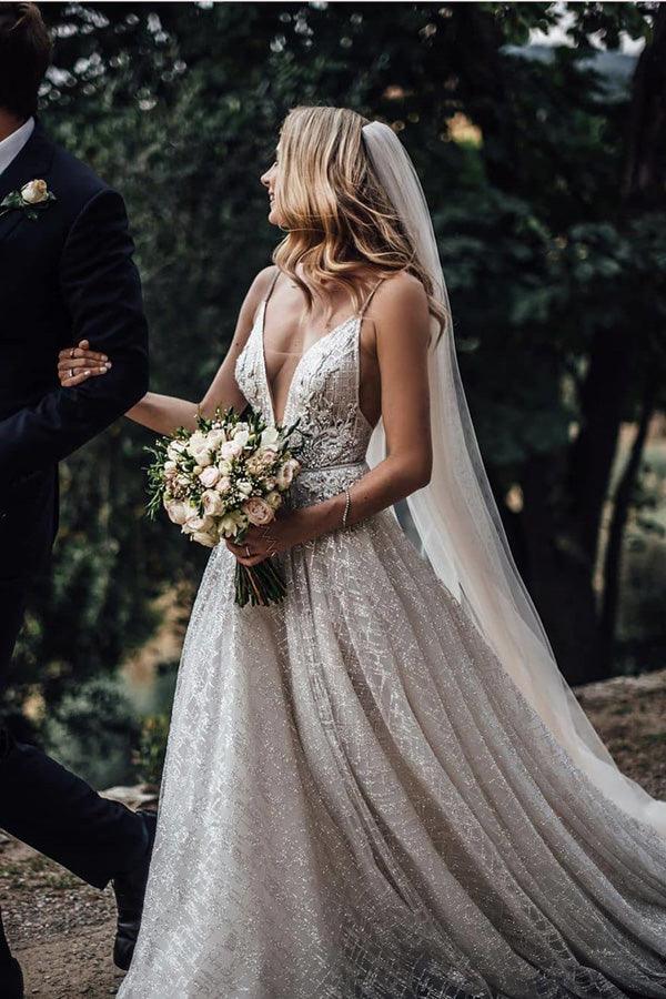 NumberSea Abito da Sposa lungo con Scollatura a V, Spalline Sottili, Schiena Scoperta, Paillettes e Strascico, Modello MW477