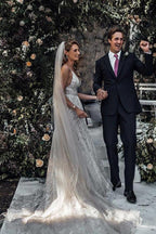NumberSea Abito da Sposa lungo con Scollatura a V, Spalline Sottili, Schiena Scoperta, Paillettes e Strascico, Modello MW477