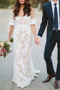 Vestido de novia largo blanco de encaje sin mangas NumberSea Sheath, Vestidos de novia de manga corta, MW480