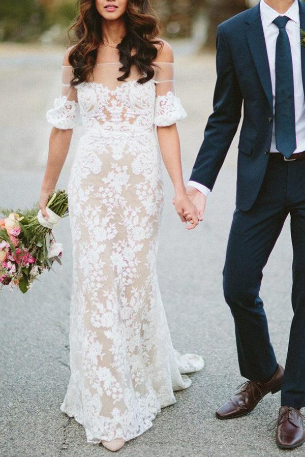 Vestido de novia largo blanco de encaje sin mangas NumberSea Sheath, Vestidos de novia de manga corta, MW480