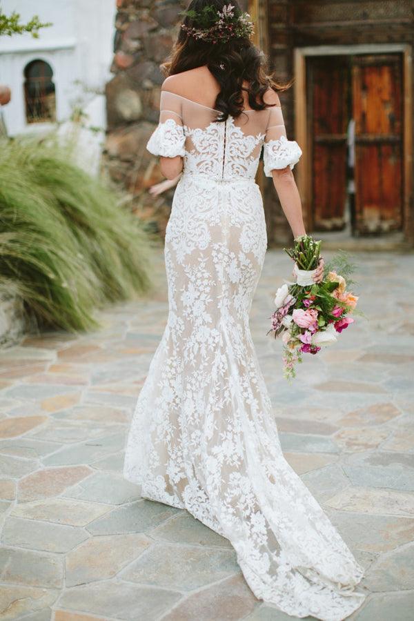 Vestido de novia largo blanco de encaje sin mangas NumberSea Sheath, Vestidos de novia de manga corta, MW480
