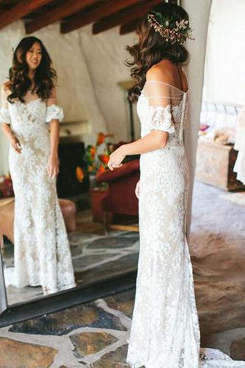 Vestido de novia largo blanco de encaje sin mangas NumberSea Sheath, Vestidos de novia de manga corta, MW480