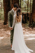 Vestidos de noiva elegantes em chiffon com mangas compridas e decote redondo, costas nuas e renda, cor marfim, MW482