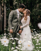 Elegantes U-Ausschnitt Langarm Chiffon Brautkleid mit Spitze Rückenfrei Elfenbein Brautkleider, MW482