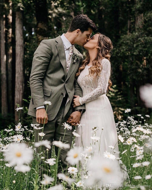 Elegantes U-Ausschnitt Langarm Chiffon Brautkleid mit Spitze Rückenfrei Elfenbein Brautkleider, MW482