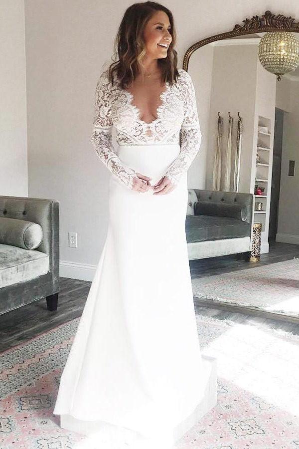 NumberSea Satin Etuikleid mit V-Ausschnitt und langen Ärmeln, Meerjungfrau-Brautkleid mit Spitze, MW485