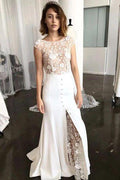 NumberSea Etui-Brautkleid mit Bateau-Ausschnitt, Flügelärmeln, Schleppe, Spitze und Schlitz, MW487
