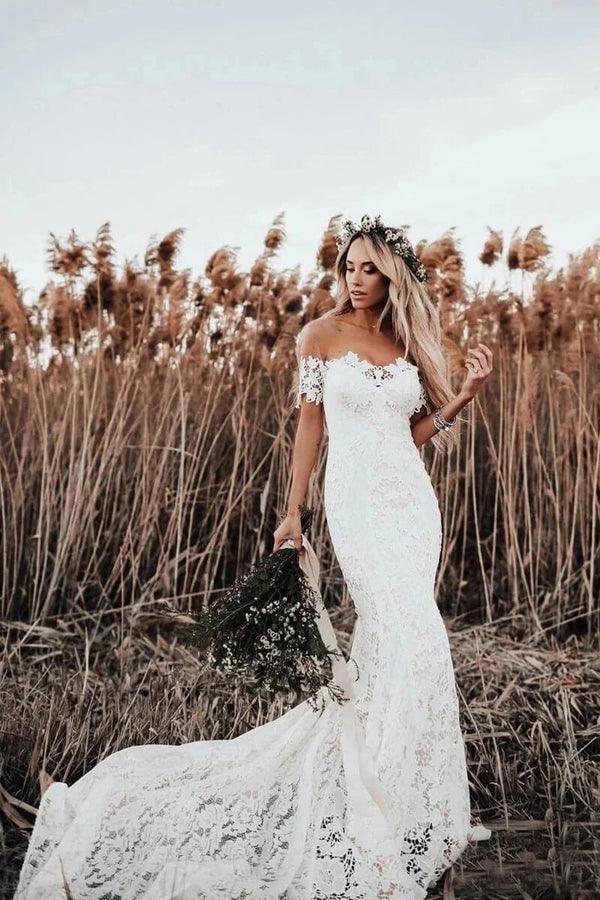 NumberSea Rustikales Meerjungfrau-Spitzen-Brautkleid mit Illusionsausschnitt, Elfenbein, Strand-Brautkleid, MW488