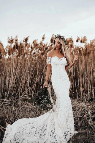NumberSea Rustikales Meerjungfrau-Spitzen-Brautkleid mit Illusionsausschnitt, Elfenbein, Strand-Brautkleid, MW488