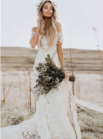 NumberSea Rustikales Meerjungfrau-Spitzen-Brautkleid mit Illusionsausschnitt, Elfenbein, Strand-Brautkleid, MW488
