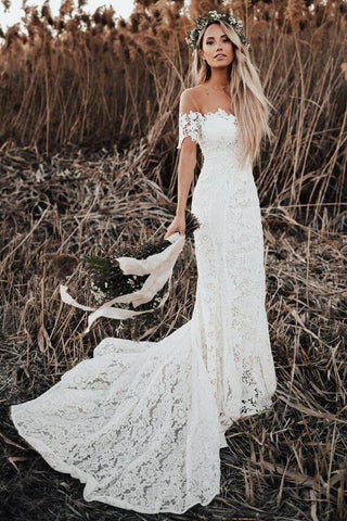 NumberSea Rustikales Meerjungfrau-Spitzen-Brautkleid mit Illusionsausschnitt, Elfenbein, Strand-Brautkleid, MW488